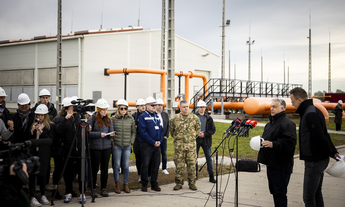 Hungarian Prime Minister Viktor Orban, with Hungarian Minister of Foreign Affairs and Trade Peter Szijjarto, holds an extraordinary press briefing as he inspects military protection measures for the TurkStream natural gas pipeline at a gas supply station in Kiskundorozsma, Hungary, on April 6, 2026.