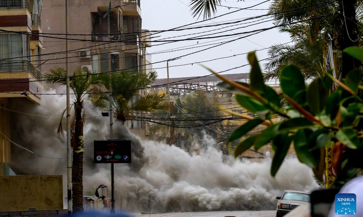 This photo taken on April 5, 2026 shows smoke and dust caused by an Israeli airstrike on the southern suburbs of Beirut, Lebanon. Four people were killed and about 39 others were wounded in an Israeli airstrike on the Jnah area in Beirut's southern suburbs on Sunday, near Beirut's Rafic Hariri Hospital, according to the Lebanese health ministry. Israeli warplanes launched five airstrikes on Beirut's southern suburbs, including two on Jnah, as well as strikes on Ghobeiry, Haret Hreik, and Al-Jamous, according to Lebanon's National News Agency (NNA). (Photo by Bilal Jawich/Xinhua)