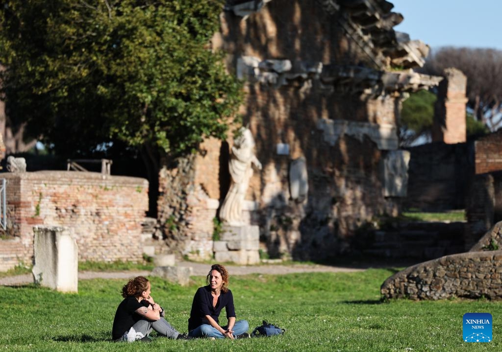 People visit the Archaeological Park of Ostia Antica in Rome, Italy, April 5, 2026. Most of the museums and state archaeological sites across Italy opened their doors for free on Sunday as part of the monthly Sunday at the Museum initiative. (Xinhua/Li Jing)