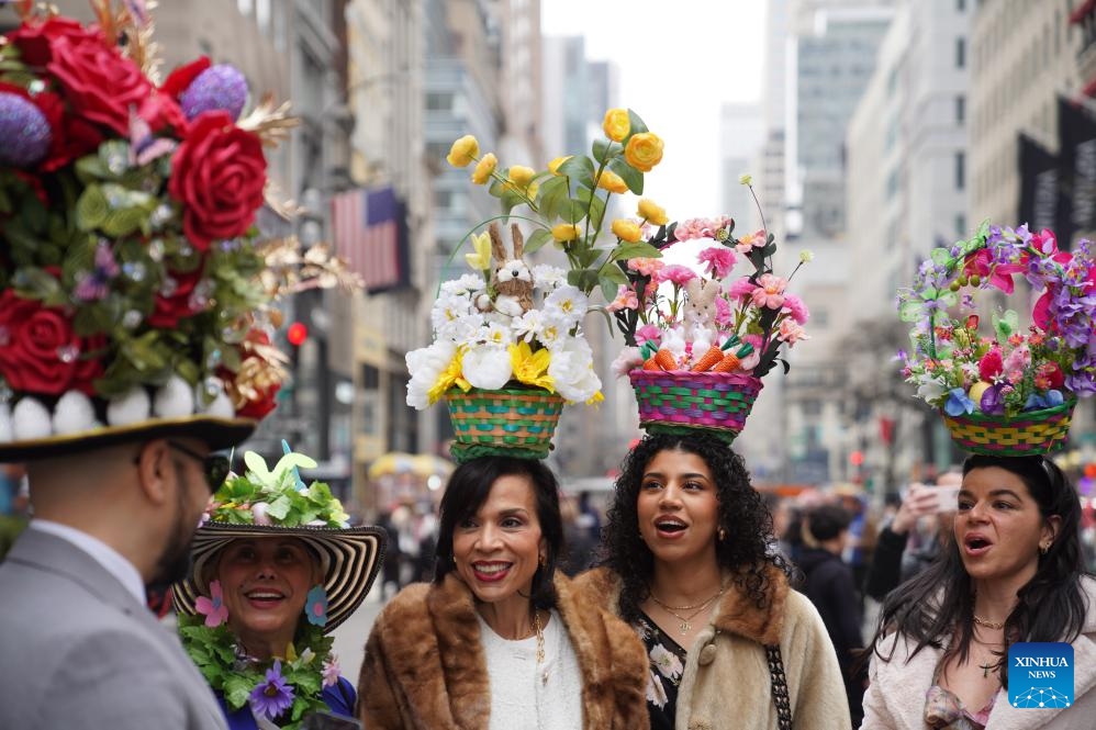 People attend the Easter Parade and Bonnet Festival in New York, the United States, on April 5, 2026. The annual Easter Parade and Bonnet Festival was held in New York City on Sunday, attracting thousands of visitors to see extravagant, hand-crafted hats to celebrate Easter and greet spring. (Xinhua/Zhang Fengguo)