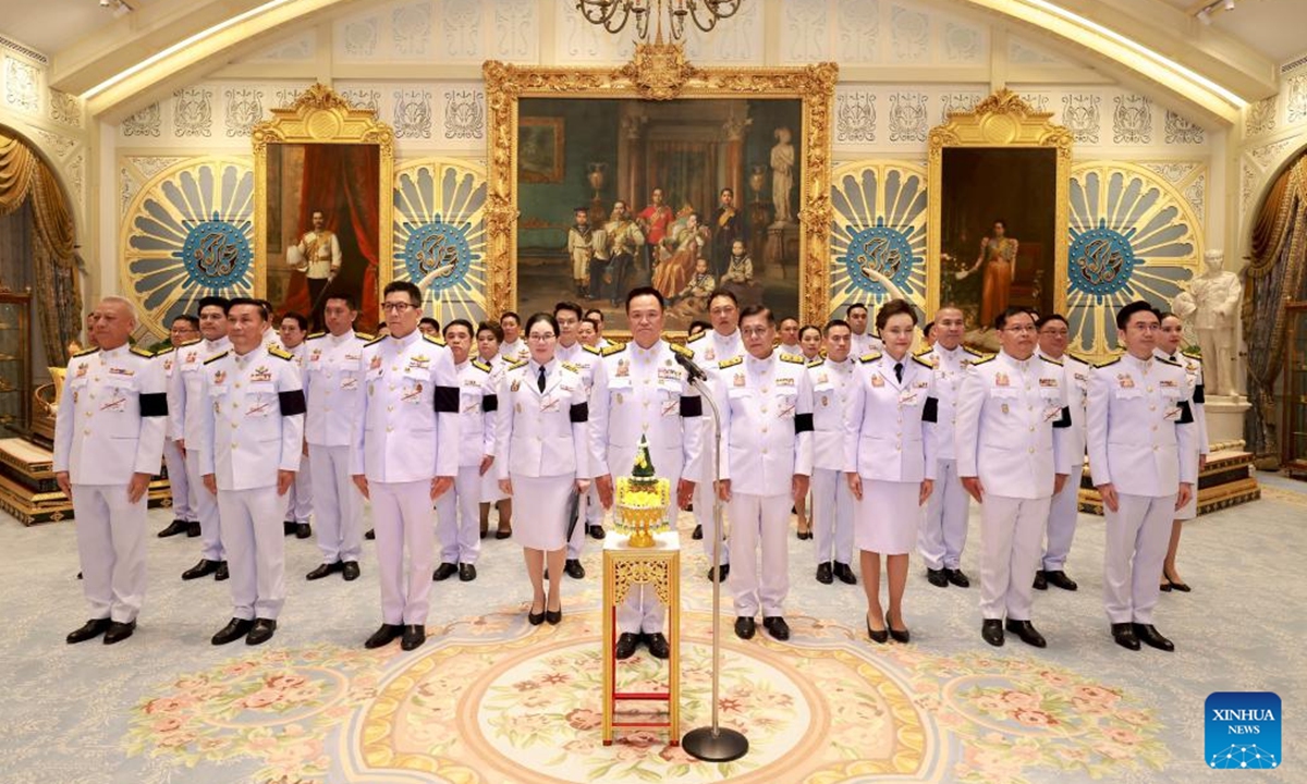 Thai Prime Minister Anutin Charnvirakul and new cabinet ministers take an oath in front of King Maha Vajiralongkorn at Dusit Palace in Bangkok, Thailand, April 6, 2026. Thailand's new coalition government led by Prime Minister Anutin Charnvirakul was sworn into office on Monday evening, following a royal endorsement last week. The 35-member cabinet recited the oath of allegiance before an audience with King Maha Vajiralongkorn in a traditional ceremony held in the Dusit Palace in Bangkok. (Bureau of the Royal Household/Handout via Xinhua)