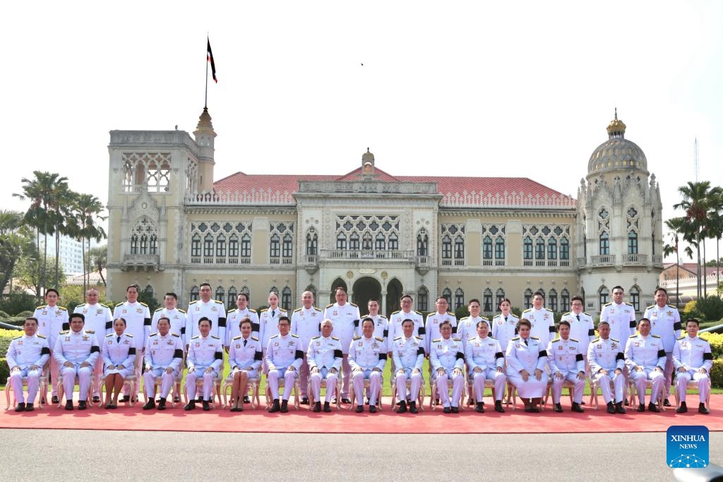 Thai Prime Minister Anutin Charnvirakul and new cabinet ministers pose for a group photo at the Government House in Bangkok, capital of Thailand, April 6, 2026. Thailand's new coalition government led by Prime Minister Anutin Charnvirakul was sworn into office on Monday evening, following a royal endorsement last week. (Xinhua/Rachen Sageamsak)