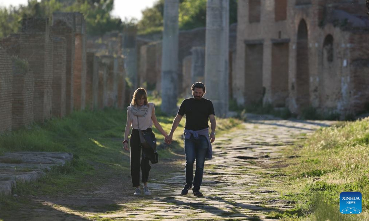 People visit the Archaeological Park of Ostia Antica in Rome, Italy, April 5, 2026. Most of the museums and state archaeological sites across Italy opened their doors for free on Sunday as part of the monthly Sunday at the Museum initiative. (Xinhua/Li Jing)