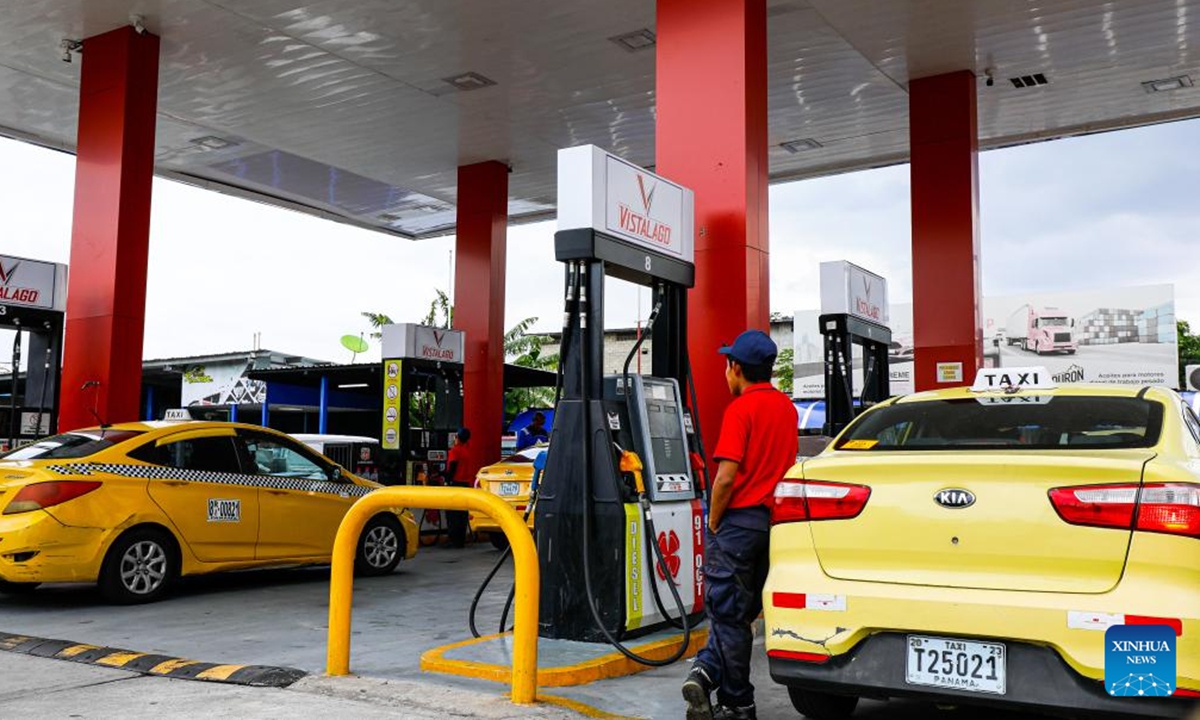 Taxis queue at a gas station in Panama City, Panama, April 6, 2026. Due to the tensions in the Middle East, fuel prices in Panama have continued to rise, and the maximum fuel price limit has been constantly raised. (Photo by Daniel Gonzalez/Xinhua)