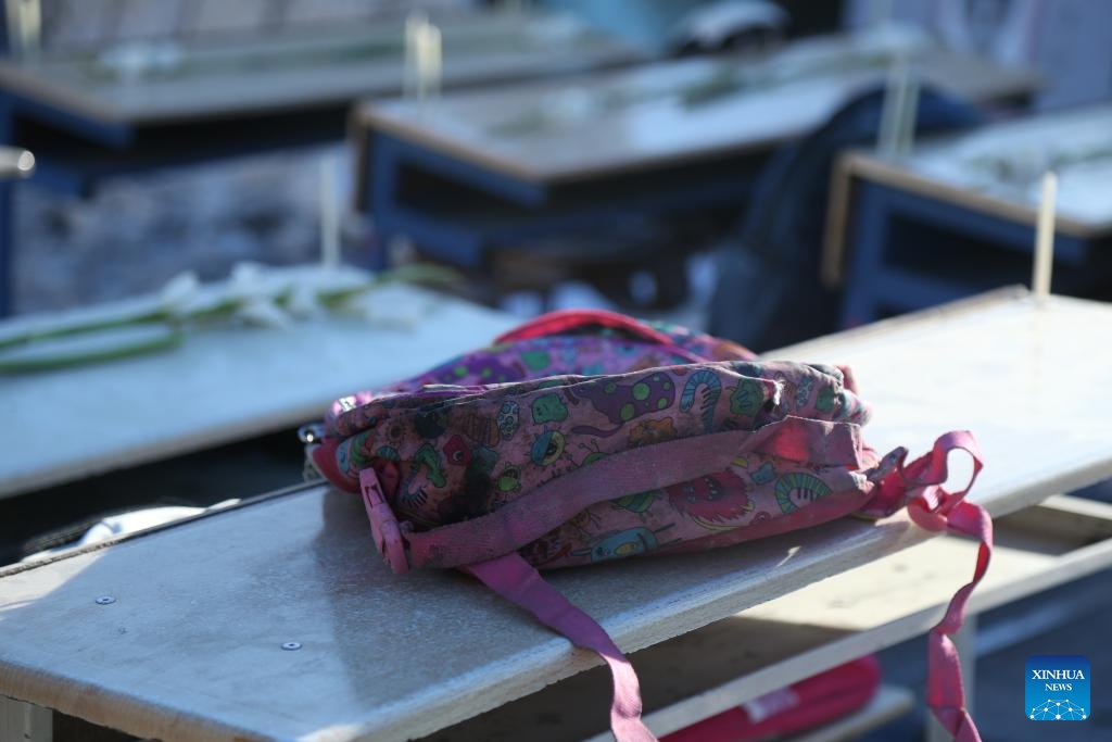 This photo taken on April 6, 2026 shows a recreated scene of a classroom at a memorial event held to mourn the students of an elementary school who were killed in a missile strike in southern Iran, in Tehran, Iran. A missile strike on an elementary school in Minab, southern Iran on Feb. 28, 2026 killed at least 175 people, most of them schoolgirls. Increasing evidence has shown this tragedy was of the U.S. making. (Xinhua/Shadati)