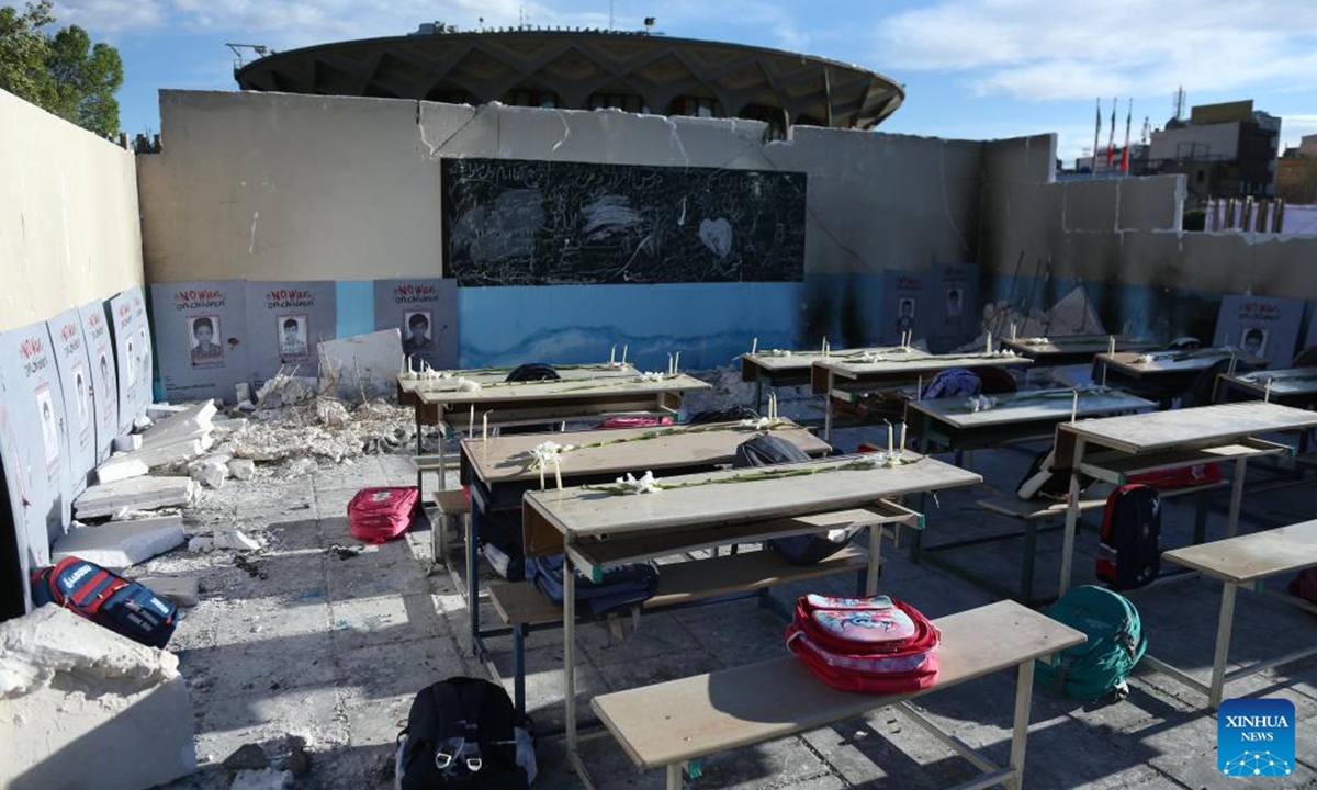 This photo taken on April 6, 2026 shows a recreated scene of a classroom at a memorial event held to mourn the students of an elementary school who were killed in a missile strike in southern Iran, in Tehran, Iran. A missile strike on an elementary school in Minab, southern Iran on Feb. 28, 2026 killed at least 175 people, most of them schoolgirls. Increasing evidence has shown this tragedy was of the U.S. making. (Xinhua/Shadati)