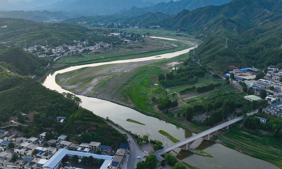 An aerial view of part of the Hutuo River and the villages on both banks in North China's Hebei Province in June 2025. Photo: VCG