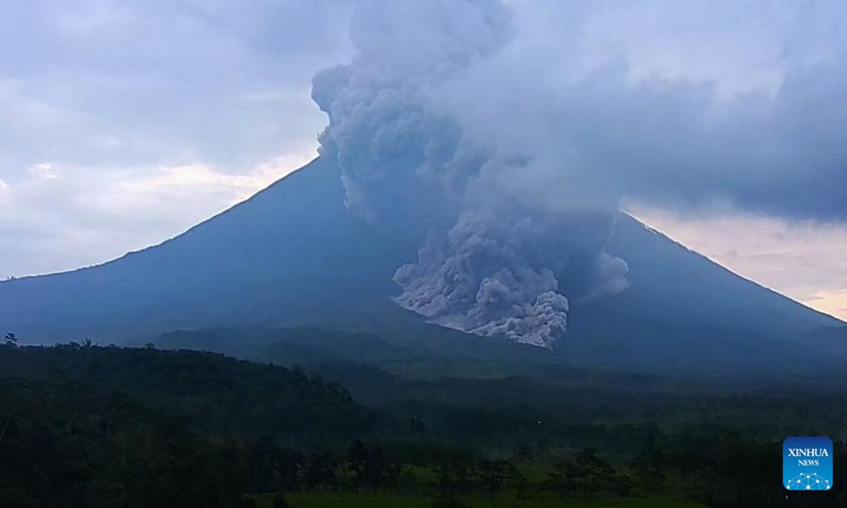 Volcanic materials spew from Mount Semeru in Lumajang, East Java province, Indonesia, on April 7, 2026. (Photo by Ersa/Xinhua)