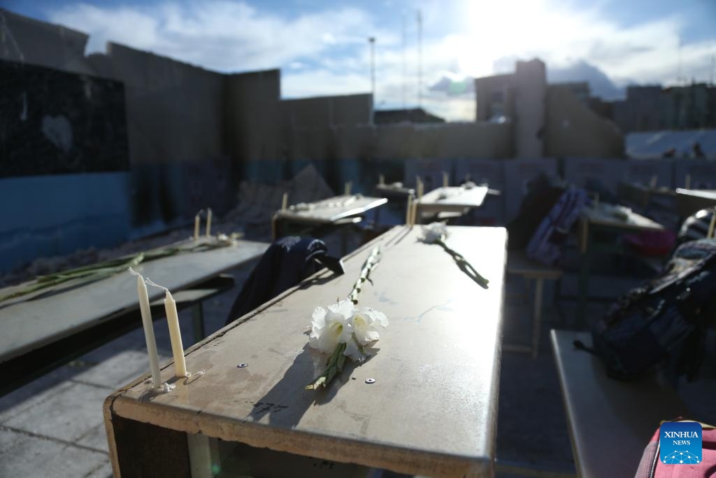 This photo taken on April 6, 2026 shows a recreated scene of a classroom at a memorial event held to mourn the students of an elementary school who were killed in a missile strike in southern Iran, in Tehran, Iran. A missile strike on an elementary school in Minab, southern Iran on Feb. 28, 2026 killed at least 175 people, most of them schoolgirls. Increasing evidence has shown this tragedy was of the U.S. making. (Xinhua/Shadati)