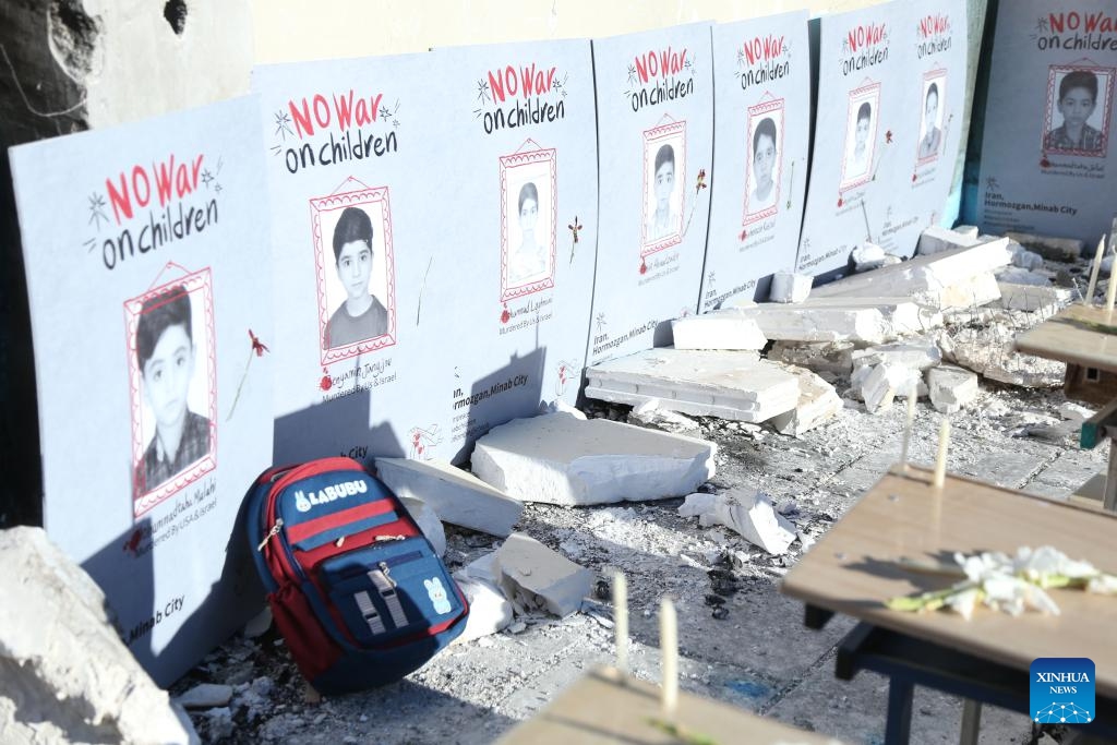 This photo taken on April 6, 2026 shows a recreated scene of a classroom at a memorial event held to mourn the students of an elementary school who were killed in a missile strike in southern Iran, in Tehran, Iran. A missile strike on an elementary school in Minab, southern Iran on Feb. 28, 2026 killed at least 175 people, most of them schoolgirls. Increasing evidence has shown this tragedy was of the U.S. making. (Xinhua/Shadati)