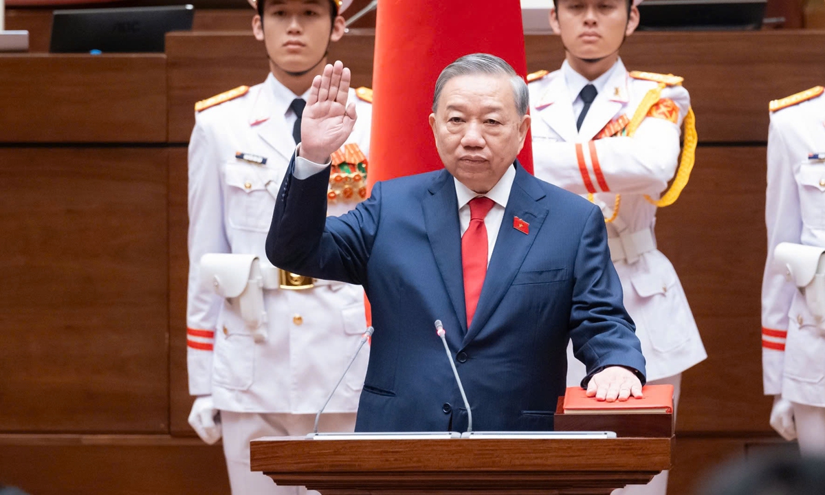 General Secretary of the Communist Party of Vietnam To Lam takes his oath as the country's President during a National Assembly session in Hanoi, Vietnam, on April 7, 2026. Photo: VCG