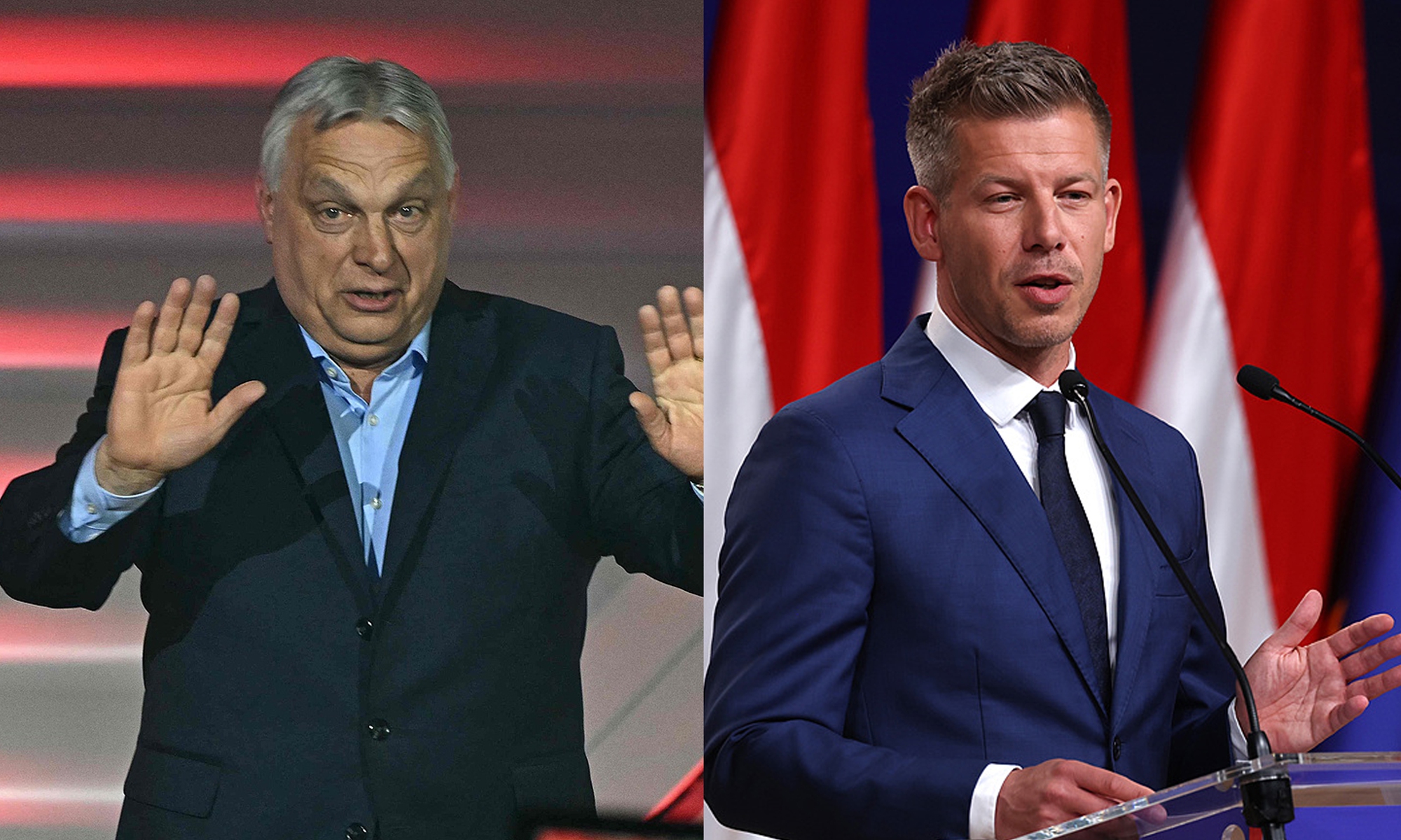 Left: Hungary's Prime Minister Viktor Orban addresses supporters at the Balna center in Budapest on April 12, 2026. Right: Peter Magyar, lead candidate of the Tisza party, speaks in front of Hungarian and a EU flag after Tisza victory over rival Fidesz in Hungarian parliamentary elections on April 13, 2026. Photos: VCG 