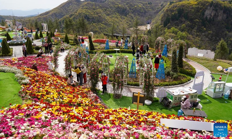 People visit the Hongye Shiyan scenic spot in Zibo City, east China's Shandong Province, April 8, 2026. The scenic spot has increased the income of nearby villagers by creating an immersive scene of flowering sightseeing. (Xinhua/Zhu Zheng)

