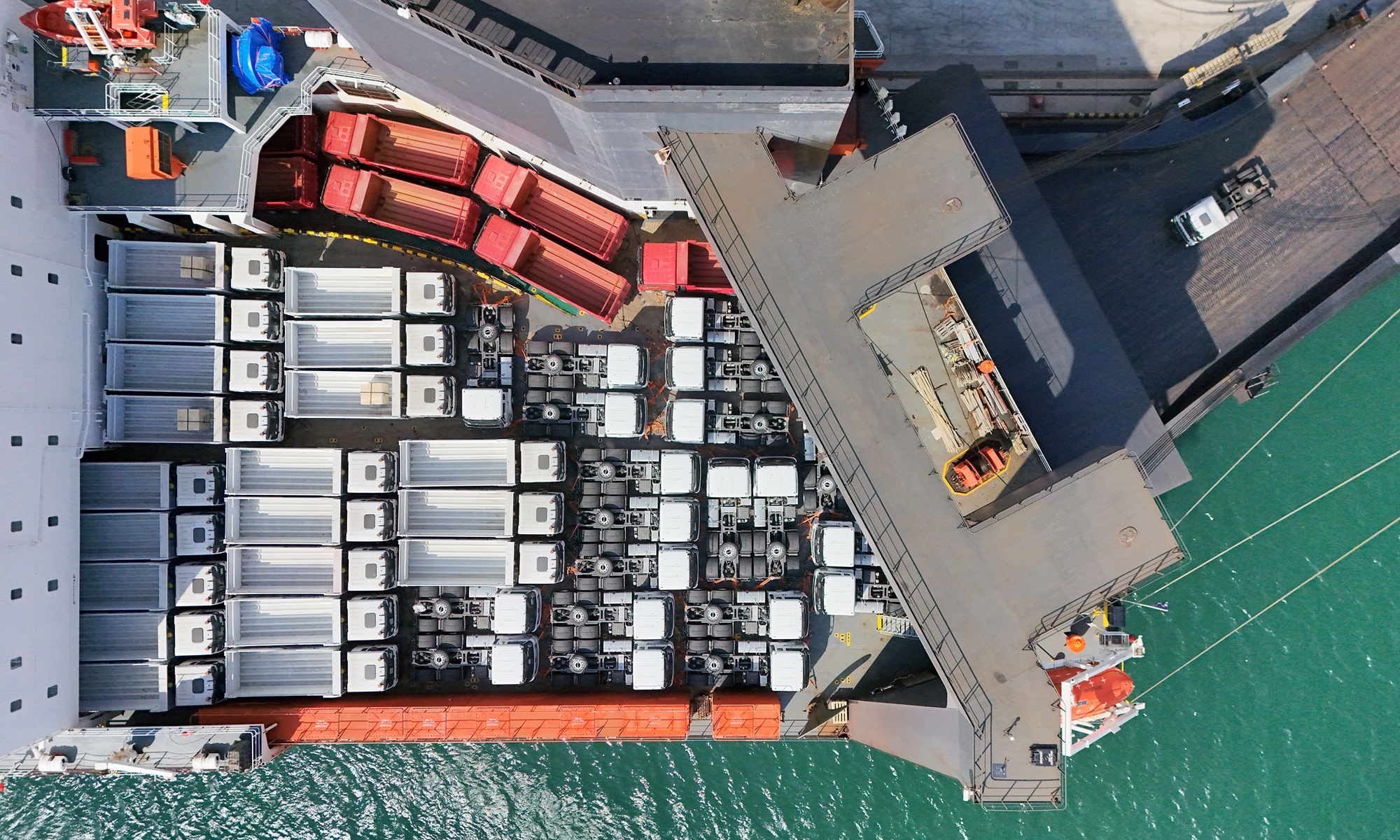 Chinese home-grown trucks are being driven onto a ship, ready for export on April 8, 2026, at Yantai Port in East China’s Shandong Province. Photo: VCG 