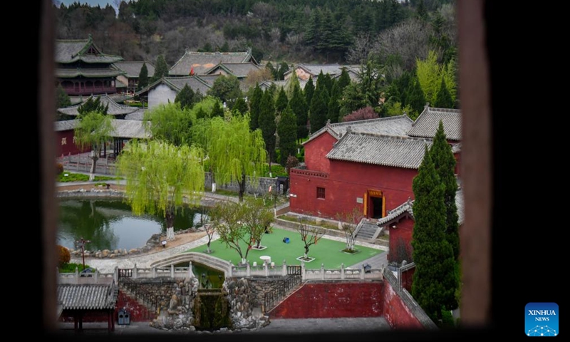 This photo taken on April 8, 2026 shows a view of the Haihui Academy scenic area in Jincheng City, north China's Shanxi Province. Situated on north China's Taihang Mountain, the Haihui Academy scenic area is famous for its twin towers. (Xinhua/Cao Yang)