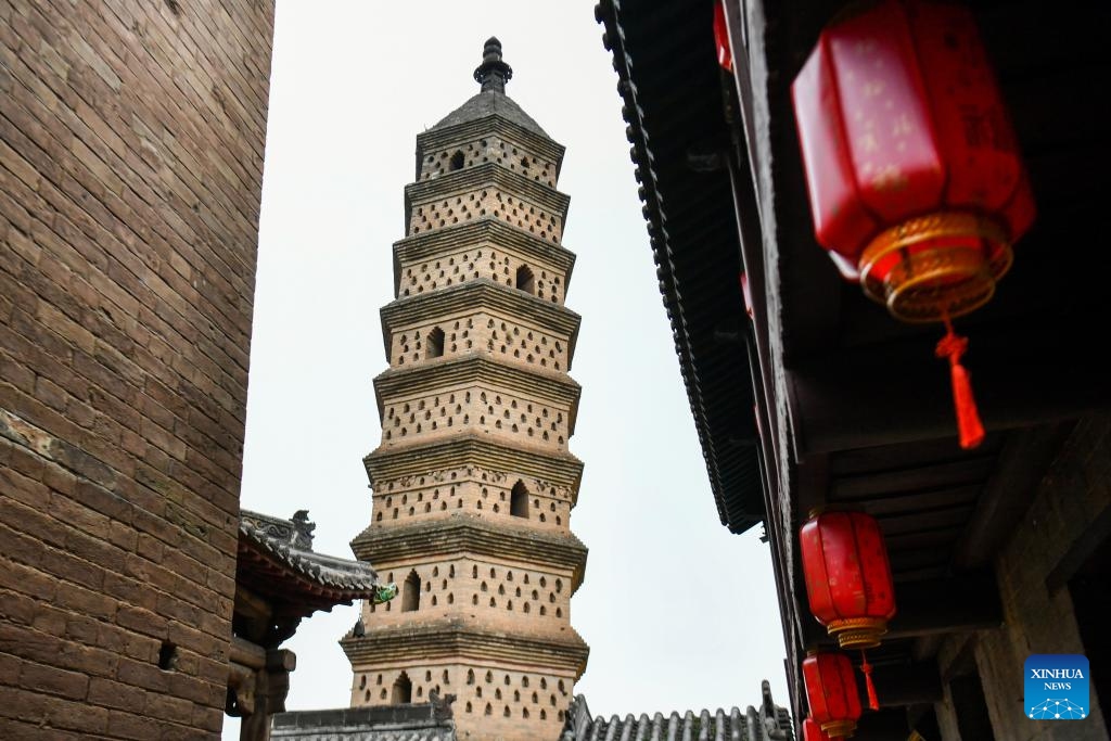 This photo taken on April 8, 2026 shows a view of the dagoba tower at Haihui Academy scenic area in Jincheng City, north China's Shanxi Province. Situated on north China's Taihang Mountain, the Haihui Academy scenic area is famous for its twin towers. (Xinhua/Cao Yang)