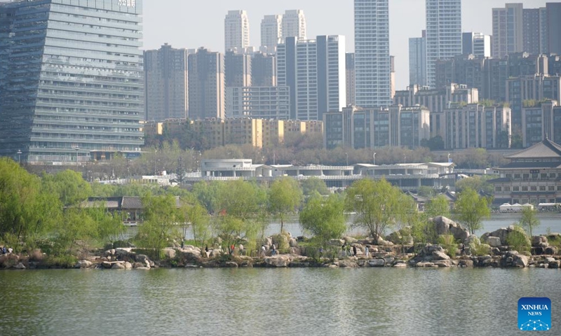 This photo taken on April 1, 2026 shows the spring view at a heritage site park in Xi'an, northwest China's Shaanxi Province. (Xinhua/Shao Rui)

