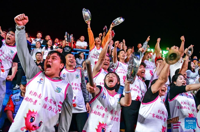 Fans cheer during the final match between Kaili City and Yanhe County at the 2026 China's Village Basketball Competition in Taipan Village, Taijiang County, southwest China's Guizhou Province, April 11, 2026. (Xinhua/Yang Wenbin)
