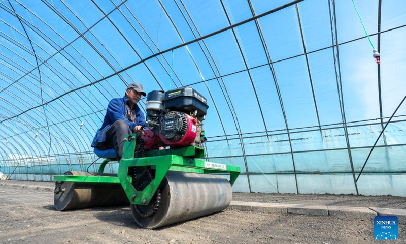 A farmer levels seedbed soil in a rice cultivating greenhouse of Youyi Farm Co., Ltd. under Beidahuang Group in Shuangyashan, northeast China's Heilongjiang Province, April 9, 2026. Heilongjiang, a major grain-producing area in China, has entered the spring ploughing season for rice. (Xinhua/Wang Song)