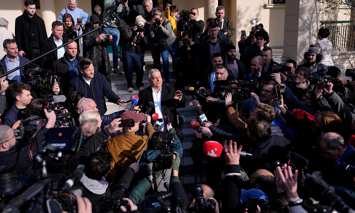 Hungary's Prime Minister Viktor Orban addresses the media outside a polling station after voting in Budapest, Hungary, Sunday, April 12, 2026. Hungary's parliamentary elections kicked off at 6 am local time on Sunday, with about 8.1 million eligible voters. Photo: VCG
