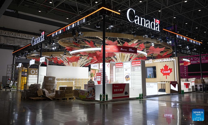 This photo taken on April 10, 2026 shows a view of the national pavilion of Canada, guest of honor of the sixth China International Consumer Products Expo (CICPE), at the Hainan International Convention and Exhibition Center, the main venue for the upcoming sixth CICPE, in Haikou, south China's Hainan Province. Scheduled to take place in south China's Hainan Province from April 13 to 18, this expo will see the participation of more than 3,400 brands from over 60 countries and regions. Photo: Xinhua
