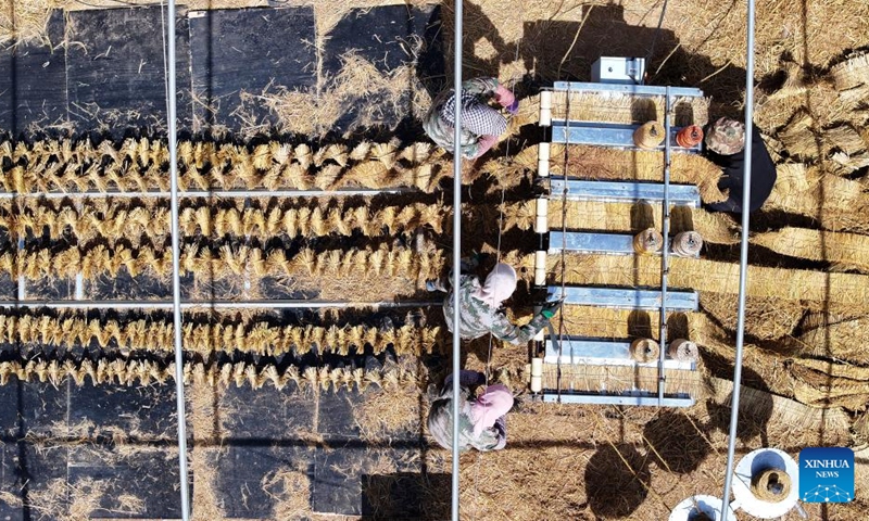 An aerial drone photo taken on April 10, 2026 shows workers using machinery to weave straw checkerboard barriers in Heilin Village, Zhongwei, northwest China's Ningxia Hui Autonomous Region. Workers in Zhongwei City are upgrading desert barriers in the Tengger Desert by laying new straw checkerboard barriers to improve desert control efficiency. (Xinhua/Yang Zhisen)