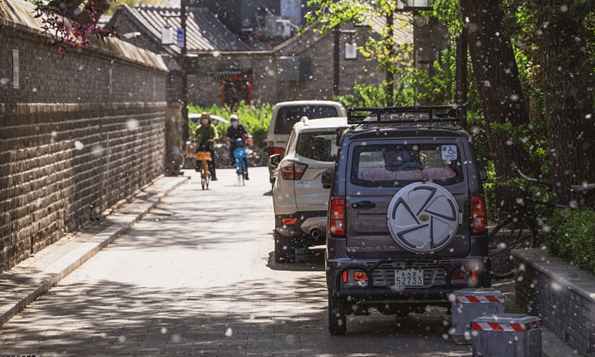 Poplar and willow catkins fill a hutong of Beijing, on April 10, 2026. Photo: VCG