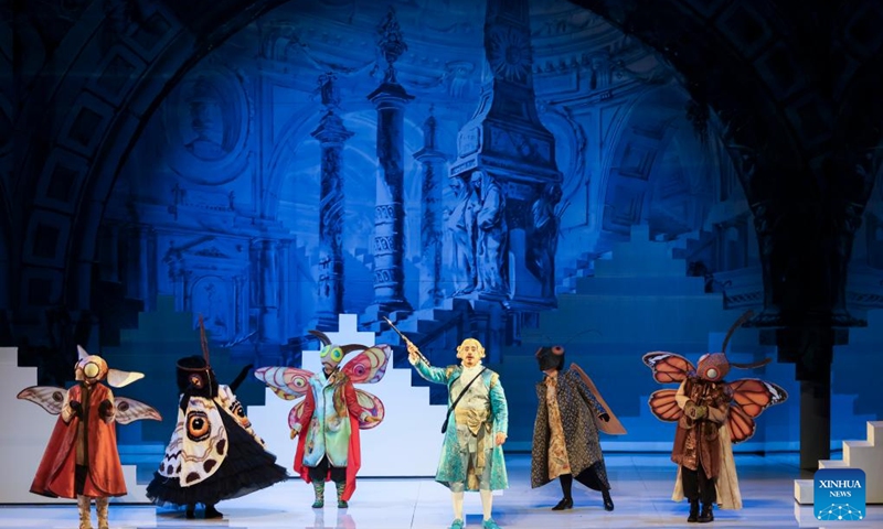 Actors perform The Magic Flute, an opera composed by Austrian musician Wolfgang Amadeus Mozart, during the closing performance of the 41st Shanghai Spring International Music Festival in Shanghai, east China, April 12, 2026. (Xinhua/Wang Xiang)