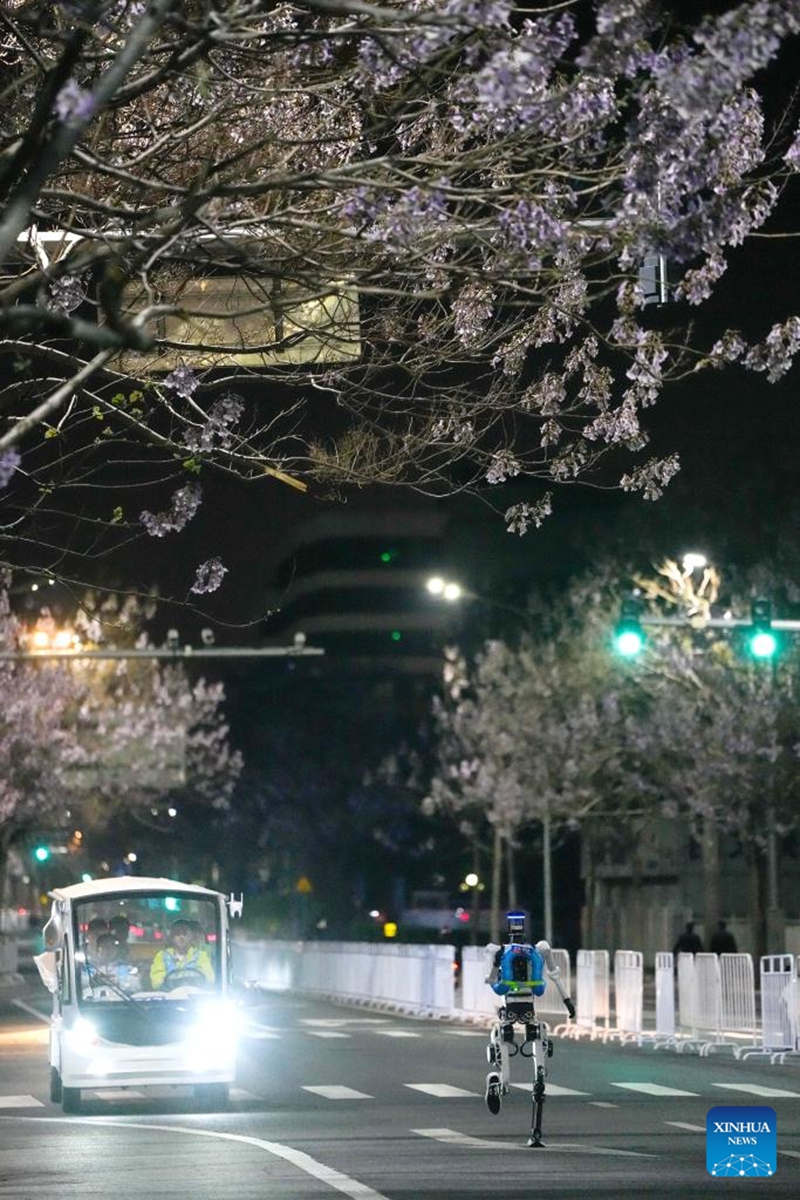 A humanoid robot runs during the test activity for the 2026 Beijing E-Town Humanoid Robot Half Marathon on April 11, 2026. A full-process and comprehensive testing activity for the Beijing E-Town humanoid robot half-marathon, scheduled for April 19, 2026, was carried out from Saturday night to early Sunday morning. (Xinhua/Ju Huanzong)