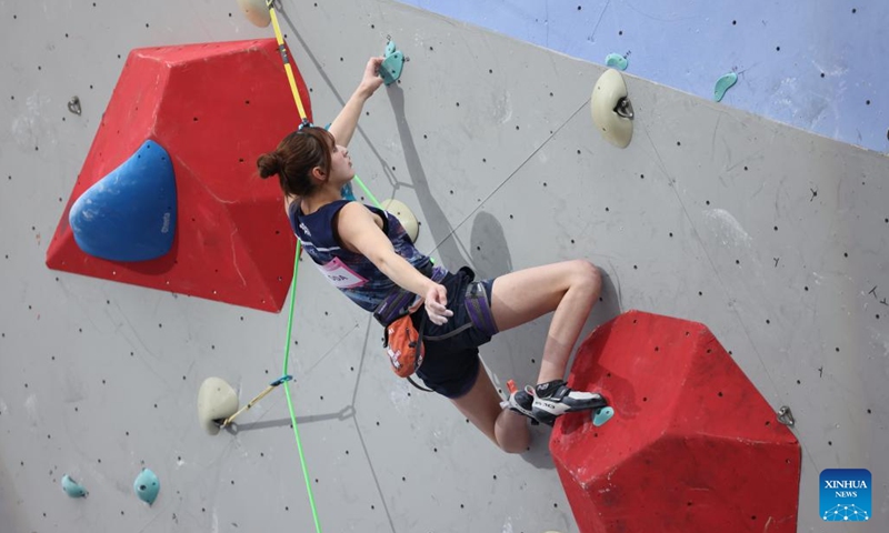 Oda Natsumi of Japan competes during the women's lead final of sport climbing at the World Climbing Asia Championship Meishan 2026 in Meishan, southwest China's Sichuan Province, April 10, 2026. (Photo by Yao Yongliang/Xinhua)