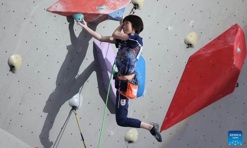 Mori Ai of Japan competes during the women's lead final of sport climbing at the World Climbing Asia Championship Meishan 2026 in Meishan, southwest China's Sichuan Province, April 10, 2026. (Photo by Yao Yongliang/Xinhua)