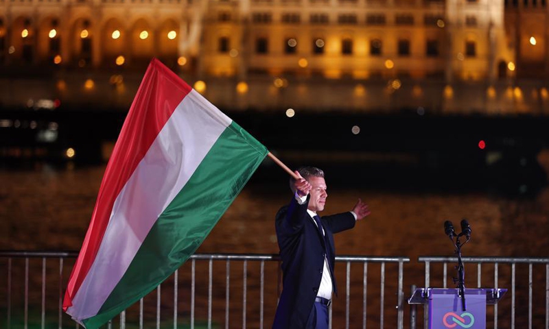 Peter Magyar, leader of Hungary's Tisza Party, attends a victory rally in Budapest, Hungary, April 12, 2026. (Photo by David Balogh/Xinhua)