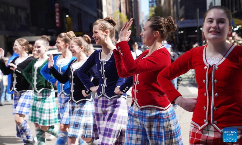 Participants are pictured at the annual Tartan Day Parade in New York, the United States, on April 11, 2026. More than 3,000 bagpipers, highland dancers and other participants marched to celebrate the annual Tartan Day here on Saturday. The event was held to mark the existing and historical links between Scotland and Scottish descendants in the U.S.. (Xinhua/Zhang Fengguo)