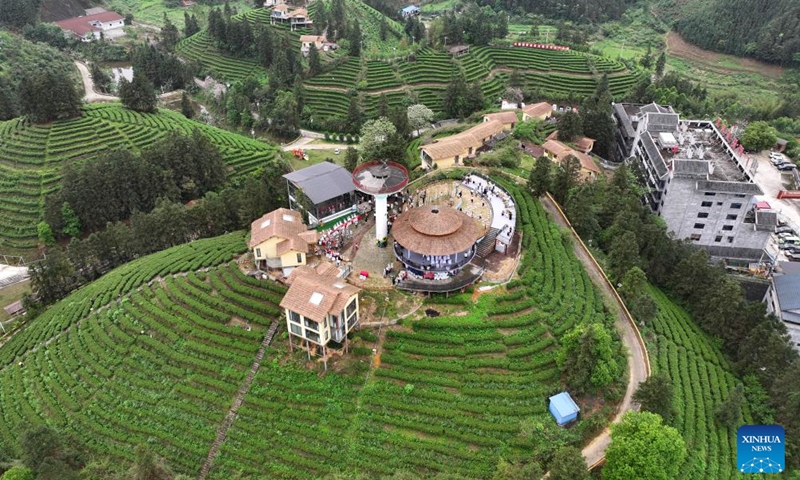 This aerial drone photo taken on April 12, 2026 shows tea plantations in Rongshui Miao Autonomous County of Liuzhou City, south China's Guangxi Zhuang Autonomous Region. (Photo by Zheng Changhao/Xinhua)