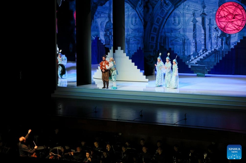 Actors perform The Magic Flute, an opera composed by Austrian musician Wolfgang Amadeus Mozart, during the closing performance of the 41st Shanghai Spring International Music Festival in Shanghai, east China, April 12, 2026. (Xinhua/Wang Xiang)