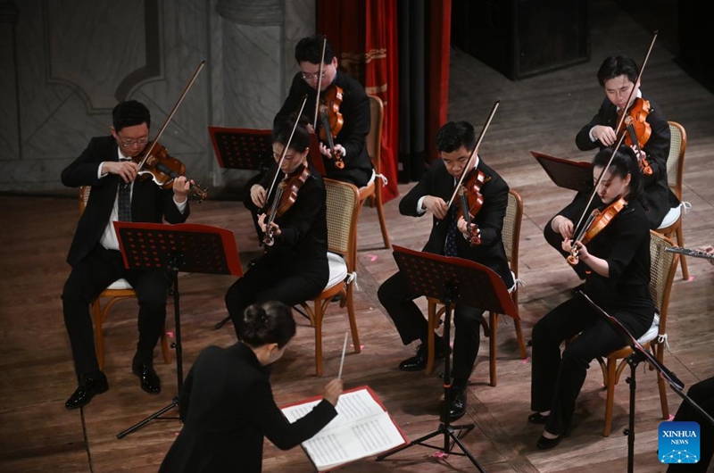 Musicians from the China National Symphony Orchestra perform at a concert celebrating the China-Brazil Cultural Year in Fortaleza, Ceara, Brazil, April 11, 2026. (Photo by Lucio Tavora/Xinhua)