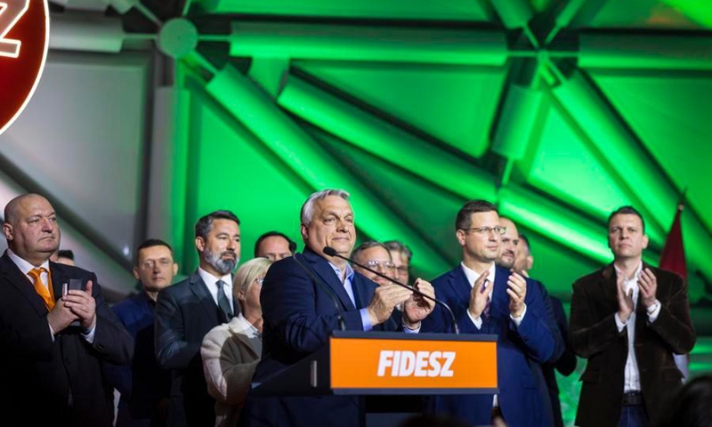 This photo released by the Hungarian Prime Minister's Office shows Hungarian Prime Minister Viktor Orban (front) at an election results announcement event in Budapest, Hungary, April 12, 2026. (Akos Kaiser/MTI via Xinhua)