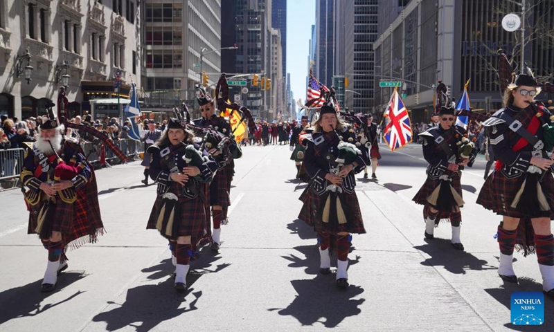 Bagpipers march during the annual Tartan Day Parade in New York, the United States, on April 11, 2026. More than 3,000 bagpipers, highland dancers and other participants marched to celebrate the annual Tartan Day here on Saturday. The event was held to mark the existing and historical links between Scotland and Scottish descendants in the U.S.. (Xinhua/Zhang Fengguo)