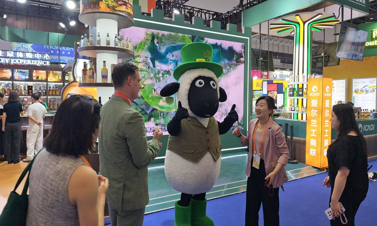 A sheep mascot is seen at the Ireland pavilion during the China International Consumer Products Expo in Haikou, capital city of South China's Hainan Province, on April 13, 2026. Photo: Yin Yeping/GT