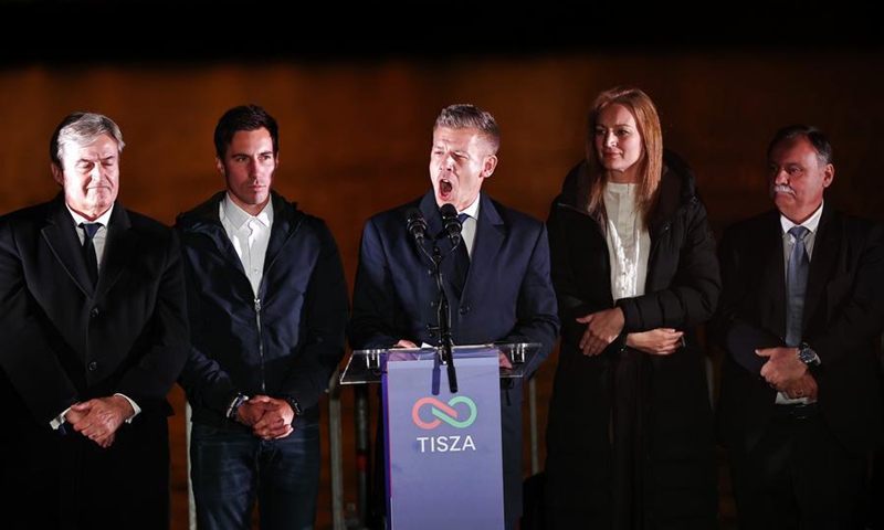 Peter Magyar (C), leader of Hungary's Tisza Party, speaks at a victory rally in Budapest, Hungary, April 12, 2026.  (Photo by David Balogh/Xinhua)