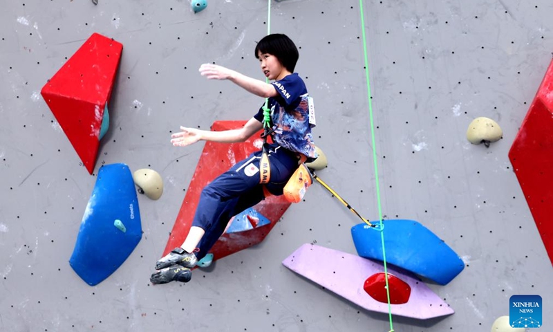 Mori Ai of Japan reacts during the women's lead final of sport climbing at the World Climbing Asia Championship Meishan 2026 in Meishan, southwest China's Sichuan Province, April 10, 2026. (Photo by Yao Yongliang/Xinhua)