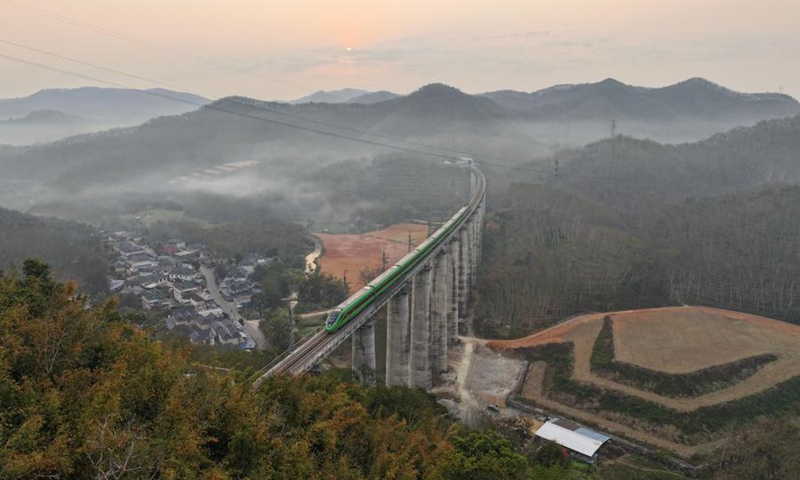 An aerial drone photo shows a bullet train running on China-Laos Railway in Jinghong City, southwest China's Yunnan Province, Feb. 22, 2025. (Photo by Li Yunsheng/Xinhua)
