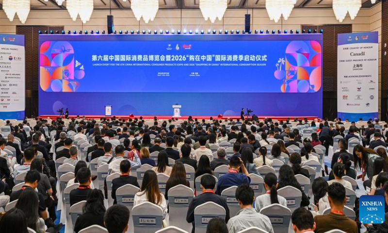 This photo taken on April 13, 2026 shows a scene at the launch event for the sixth China International Consumer Products Expo and 2026 Shopping in China International Consumption Season, in Haikou, south China's Hainan Province. The sixth CICPE is scheduled to take place in Hainan from April 13 to 18. (Xinhua/Yang Guanyu)

