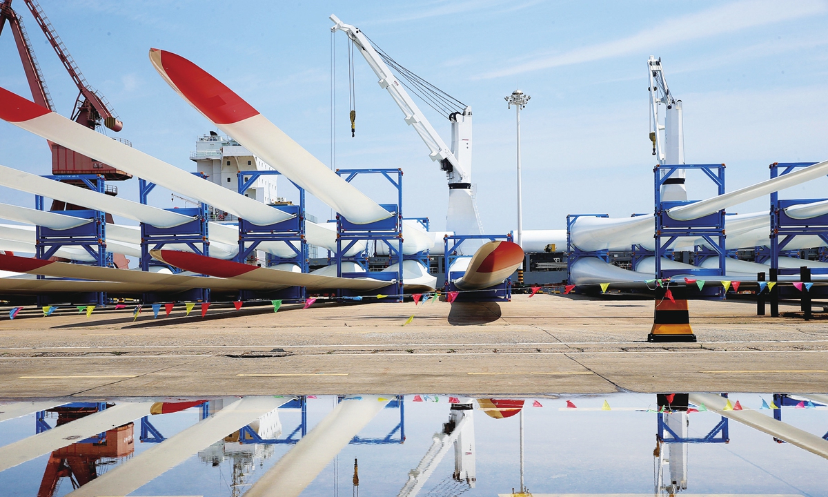 Wind power equipment bound for overseas markets is stored at the terminal of Dongfang Port Branch of Lianyungang Port in East China's Jiangsu Province on June 23, 2025. Photo: VCG