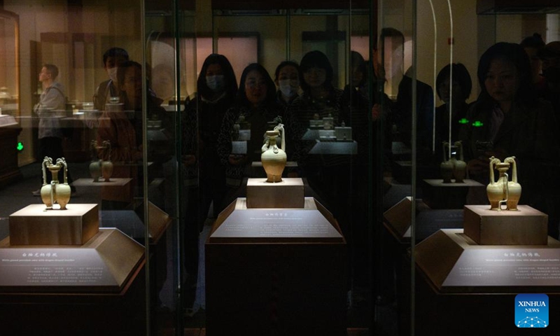 Visitors view the exhibition A Glimpse into 6th-7th Century China: Discoveries at Li Jingxun's Tomb at the National Museum of China in Beijing, capital of China, April 13, 2026. The ongoing exhibition features relics unearthed from the tomb of Li Jingxun, a young princess who died in 608, and recently discovered key relics from the Northern and Southern Dynasties (420-589) to the Sui Dynasty (581-618). (Xinhua/Jin Liangkuai)