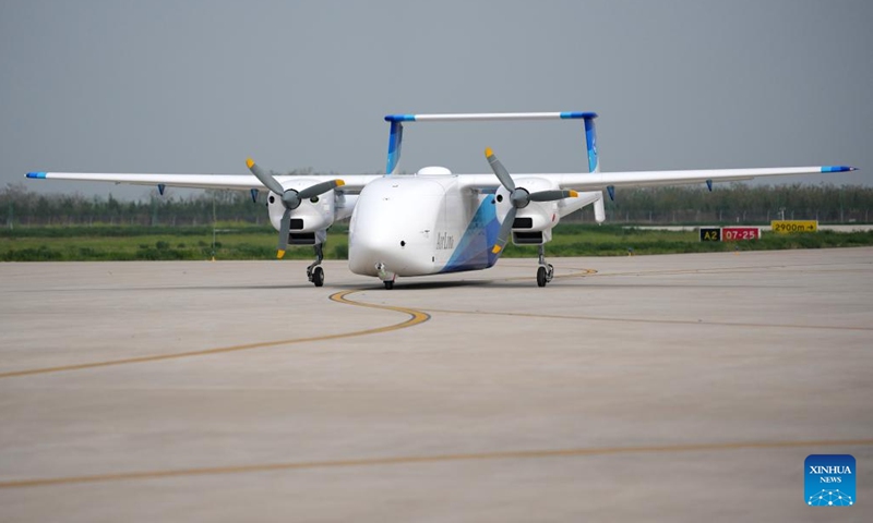 The HH-200 commercial unmanned aerial transport system is pictured upon completing its maiden flight in Pucheng, northwest China's Shaanxi Province, April 15, 2026. (Xinhua/Li Yibo)

