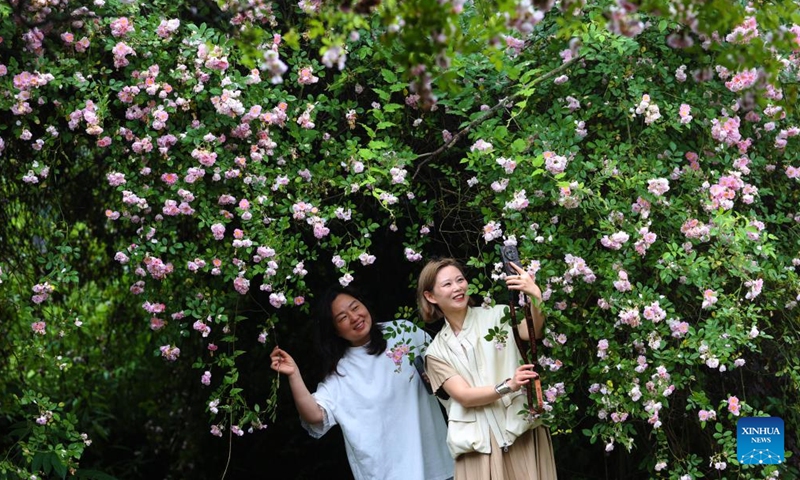 Tourists take selfies amid blossoms at a national wetland park in Qianjiang District of southwest China's Chongqing Municipality, April 27, 2026. As the May Day holiday approaches, the tourism markets across the country are heating up. (Photo by Yang Min/Xinhua)

