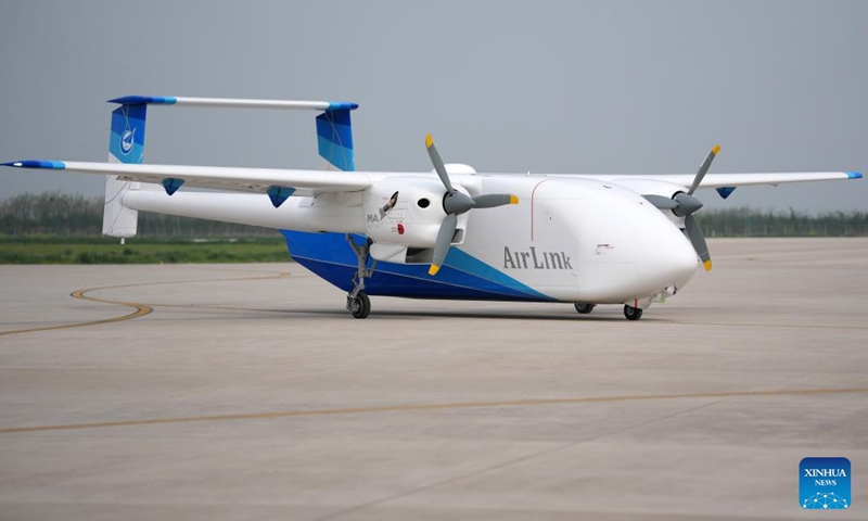 The HH-200 commercial unmanned aerial transport system is pictured upon completing its maiden flight in Pucheng, northwest China's Shaanxi Province, April 15, 2026. (Xinhua/Li Yibo)

