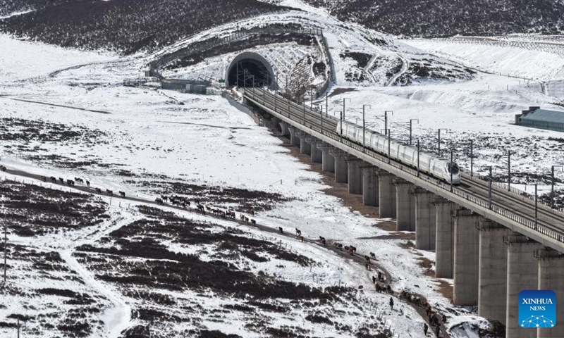 An aerial drone photo taken on April 14, 2026 shows horses of the Shandan Horse Breeding Farm in northwest China's Gansu Province. During plowing season, herdsmen started to guide horse herds from farmlands to natural grasslands. (Photo by Wang Chao/Xinhua)

