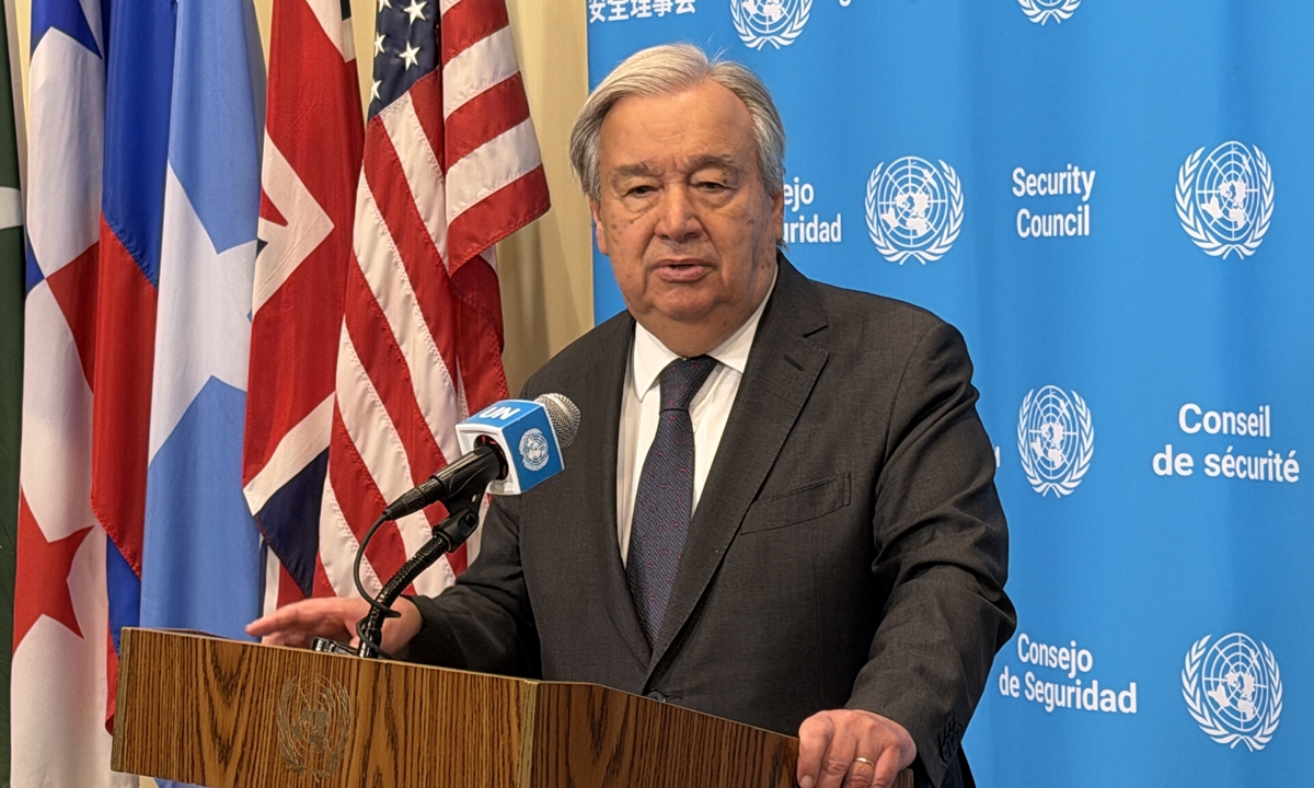 United Nations Secretary-General Antonio Guterres speaks to journalists at UN Headquarters in New York, US, on April 14, 2026. As the war in the Middle East continues, Guterres issued a passionate call for 
